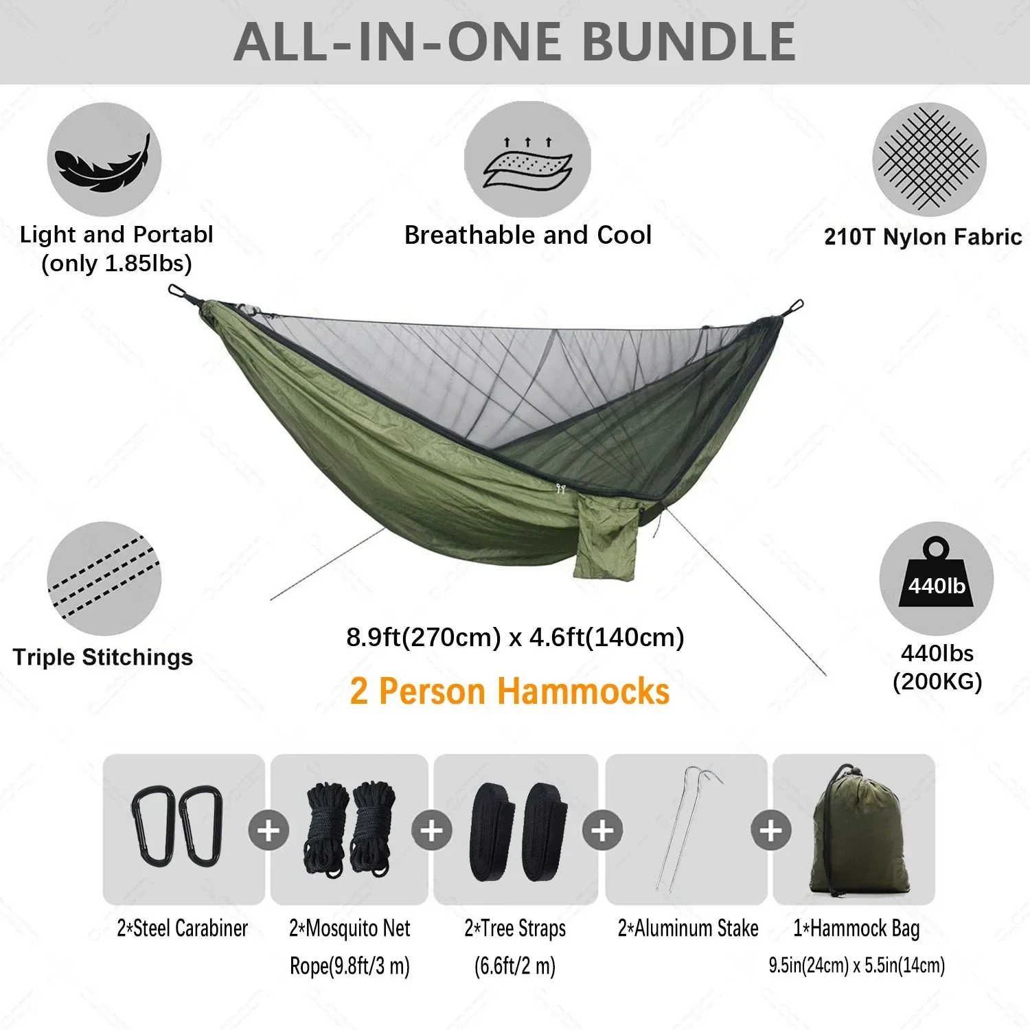 

2 Person Camping Hammock with Mosquito Net, Ultralight Equipment, Swing for Adults, Hanging Hammock
