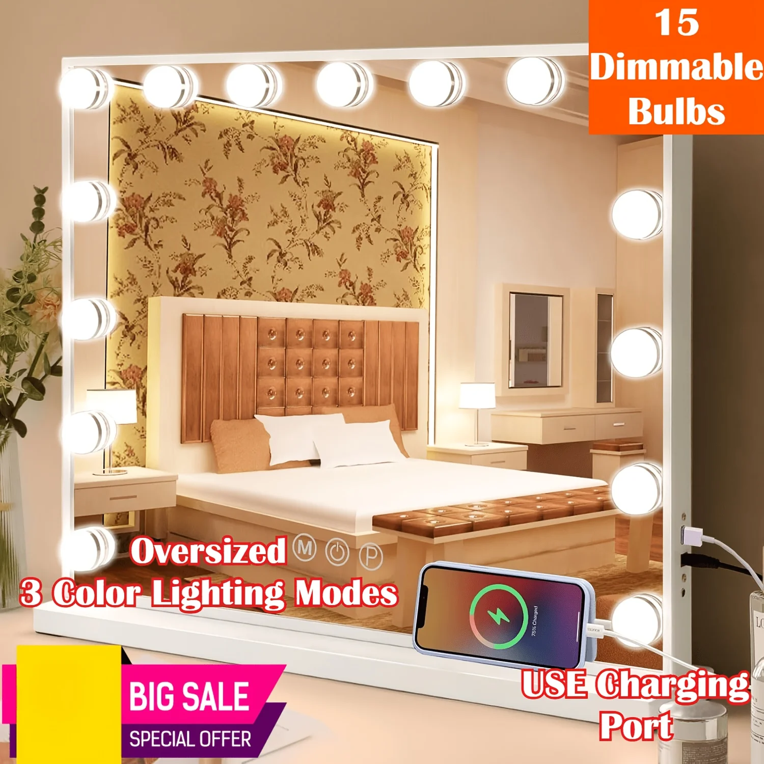 

Зеркало для макияжа Hollywood Vanity Mirror с 15 светодиодами, 3 режимами цветовой подсветки, 23x18 дюймов, USB-зарядка, сенсорное управление