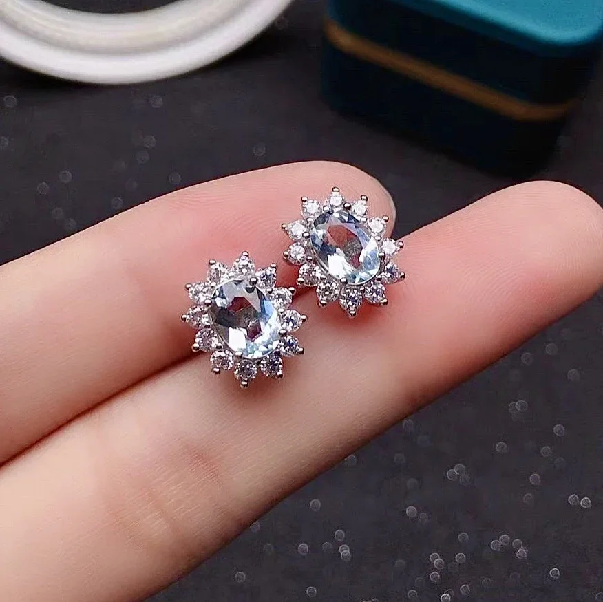 

Classic 925 Silver Aquamarine Stud Earrings for Office Woman 5mm*7mm Natural Aquamarine Earrings Gift for Wife