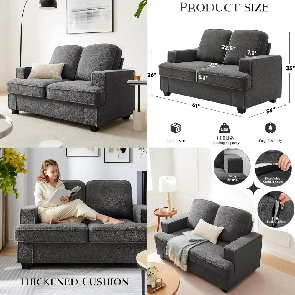 61-inch Cloud Couch with Soft Teddy Fleece, Removable Cover, Easy Assembly, Modern Living Room Sofa