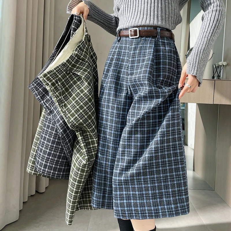 Vintage Plaid Capris Pants Women Autumn Winter Thick Woolen Pants High Waist Wide Leg Fashion Casual Boot Pants Female with Belt