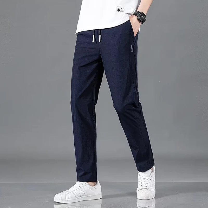 Men\'s Ice Silk Trousers Solid Color Mid-Waist Loose Breathable Straight-Leg Casual Pants Thin Quick-Drying Sports Clothing