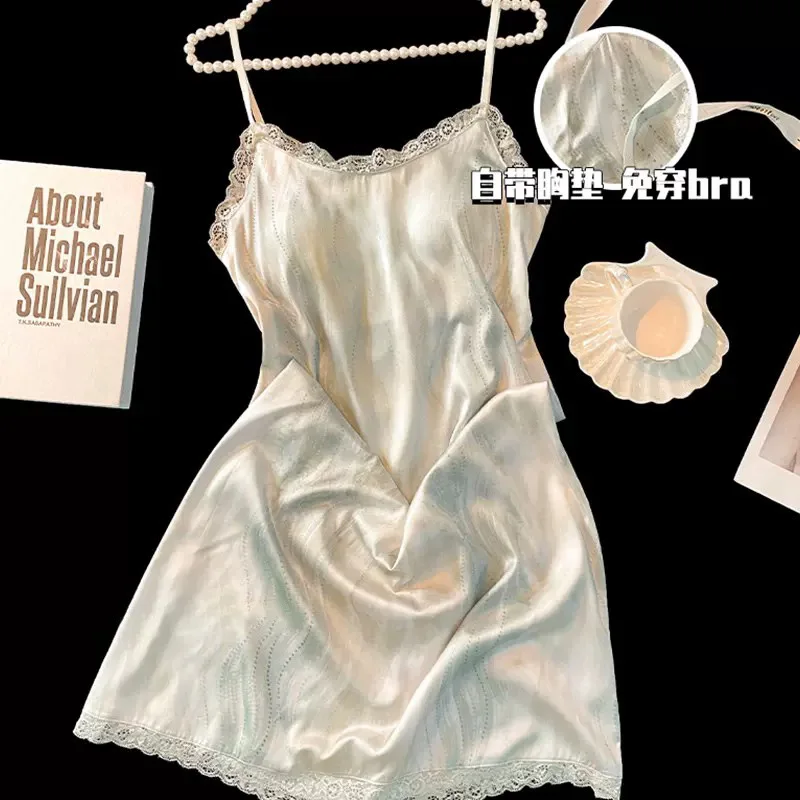 Women Summer Camisole Nightgown Chest Pads Girls Student Loungewear Woman Casual Wearable Sleepwear Loose Casual Homewear Lady