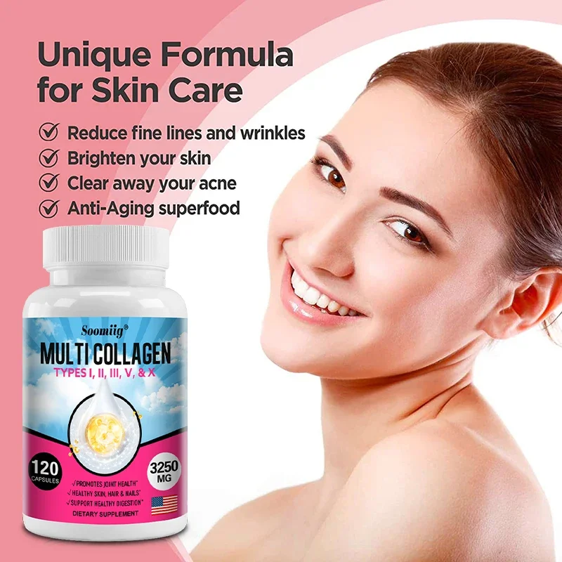 Multi-Collagen TYPES I, II, III, V, & X, Hyaluronic Acid, Vitamin C & Biotin Marine Collagen Capsules - Skin Nails Hair Joints