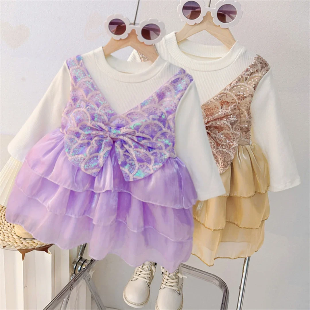 

2025 New Baby Girl Sequin Long Sleeve Dress Bowknot Princess Tulle Puff Dress Fashion Party Outfit for 1-4Y Kids Girl Clothes