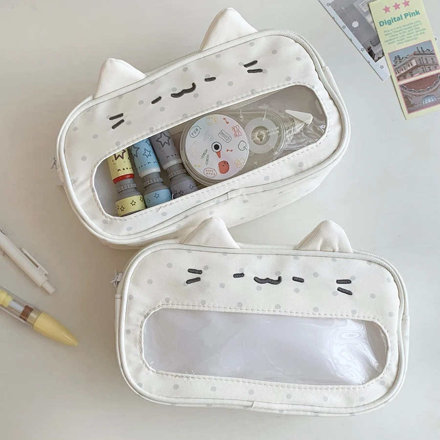 Estojo de Lápis Transparente com Orelhas de Gato e Estampa de Bolinhas, Grande Capacidade, Bolsa de Material Escolar para Estudantes, Estojo Portátil para Cosméticos