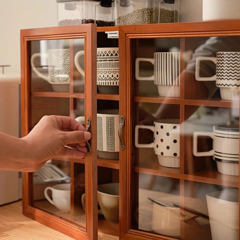 Custom.Vintage Wooden Display Cabinet with Glass - Cups, Tea Sets & Antiques Storage, Dustproof Kitchen & Dini