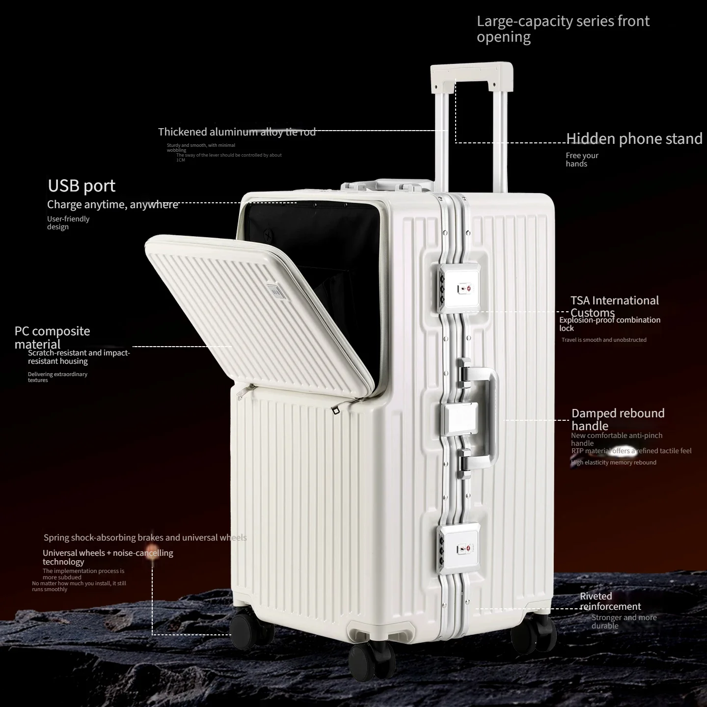 Women Durable Hard Travel Suitcase Large Capacity Front‑Opening Trolley Luggage Portable Case With Combination Lock For Short &