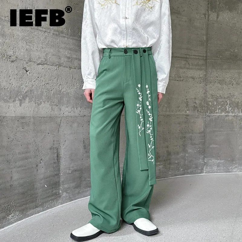 

IEFB Personalized Suit Pants Embroidery Ribbon Casual Chinese Style Trend Man's Straight Leg Trousers Button Zipper 9C5323