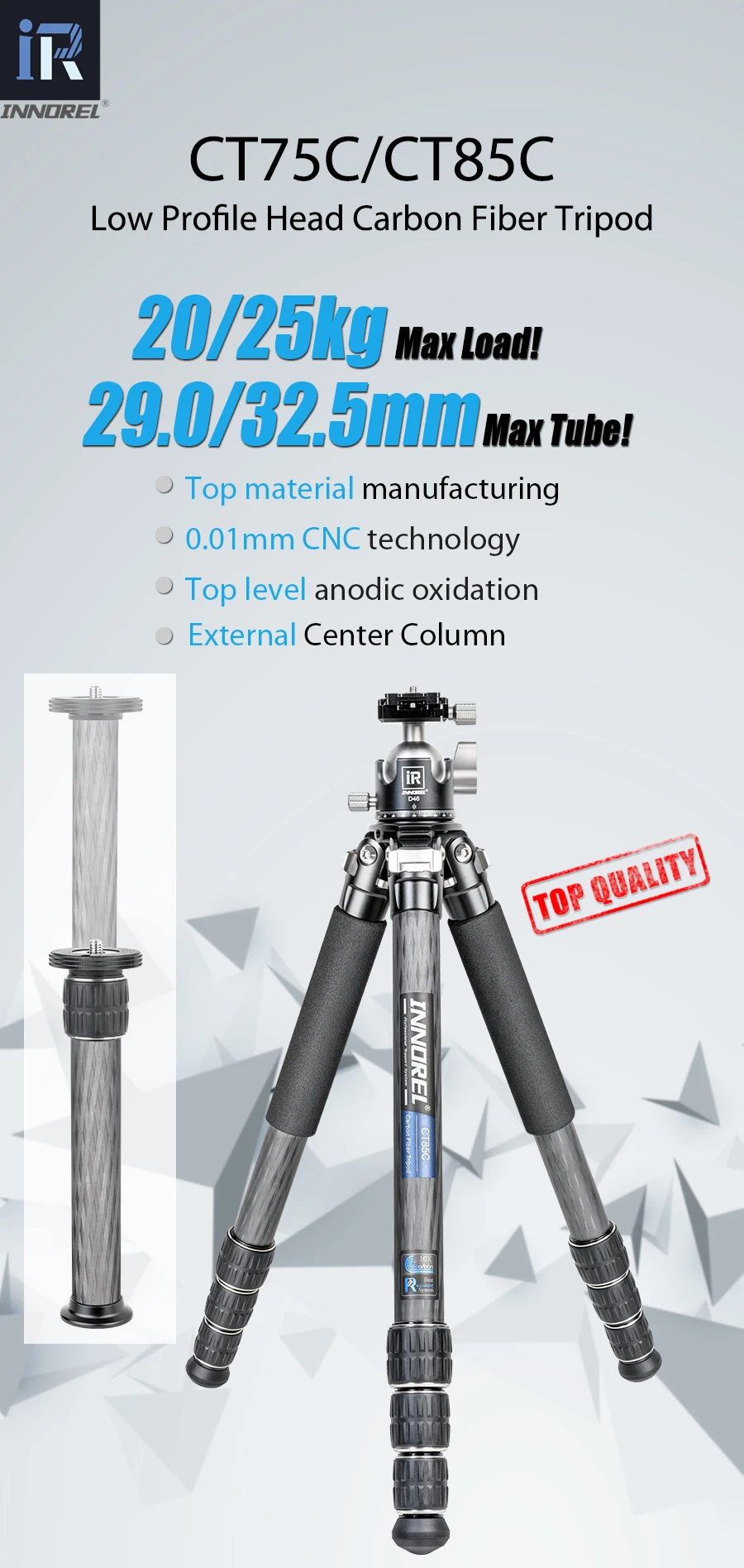 INNOREL CT75C/85C Kohlefaser-Stativ für DSLR-Kamera, robuster Ständer, Kugelkopf mit geringer Schwerkraft und verstellbarer Mittelsäule – Detail 1