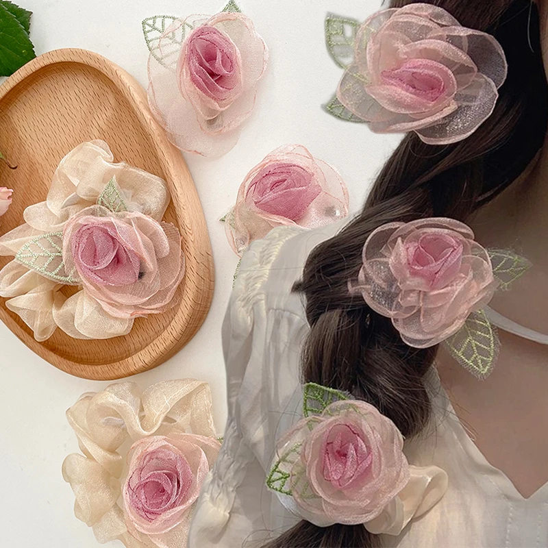 Sweet Silk Rose Flower Elastic Hair Bands Hairpin for Women Girls Hair Ties Ponytail Holder Hair Accessories Scrunchie Headwear