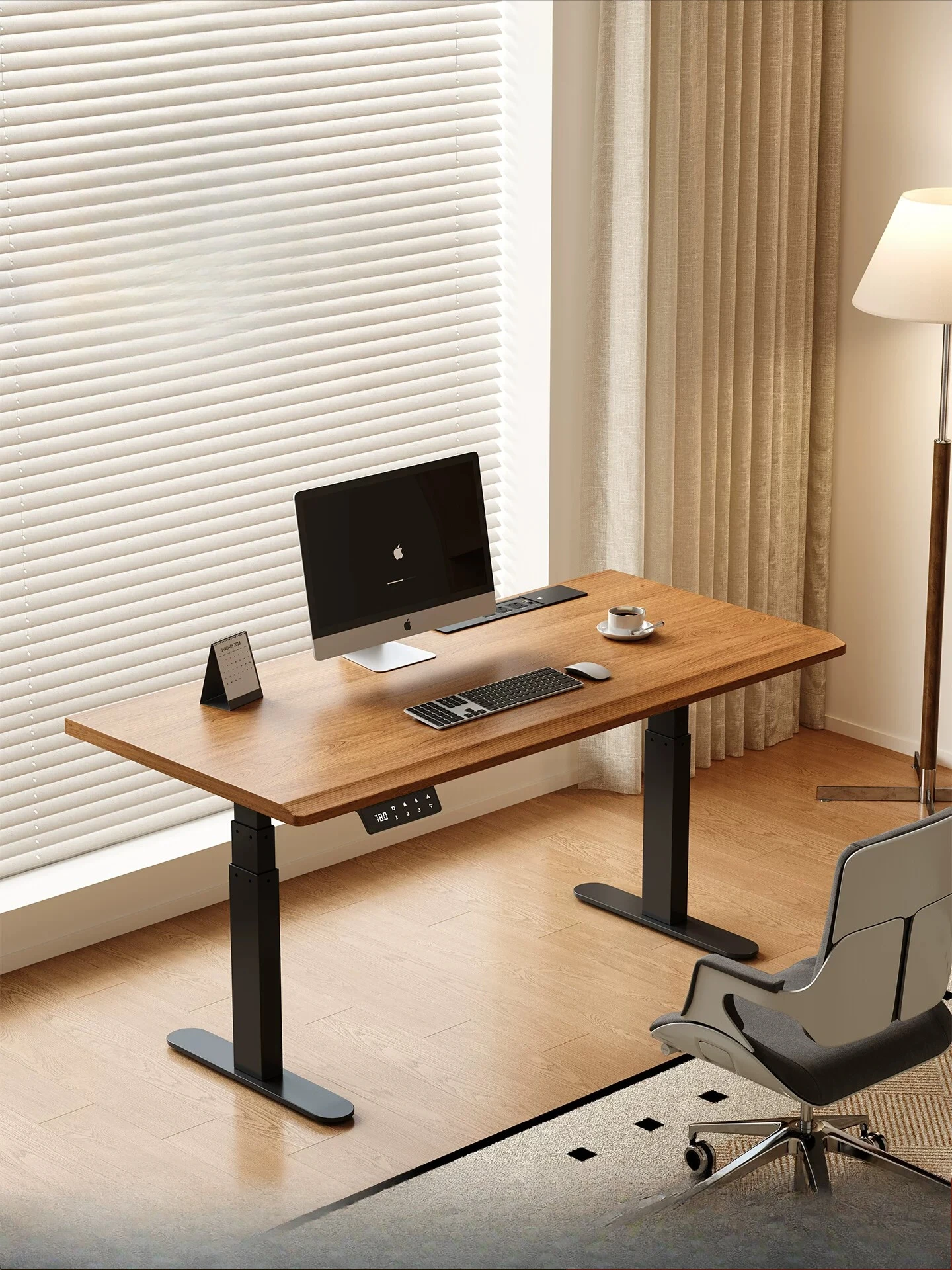 Household Living Room Solid Wood Smart Lifting Computer Desk, North American Cherry Wood Electric E-sports Work Table