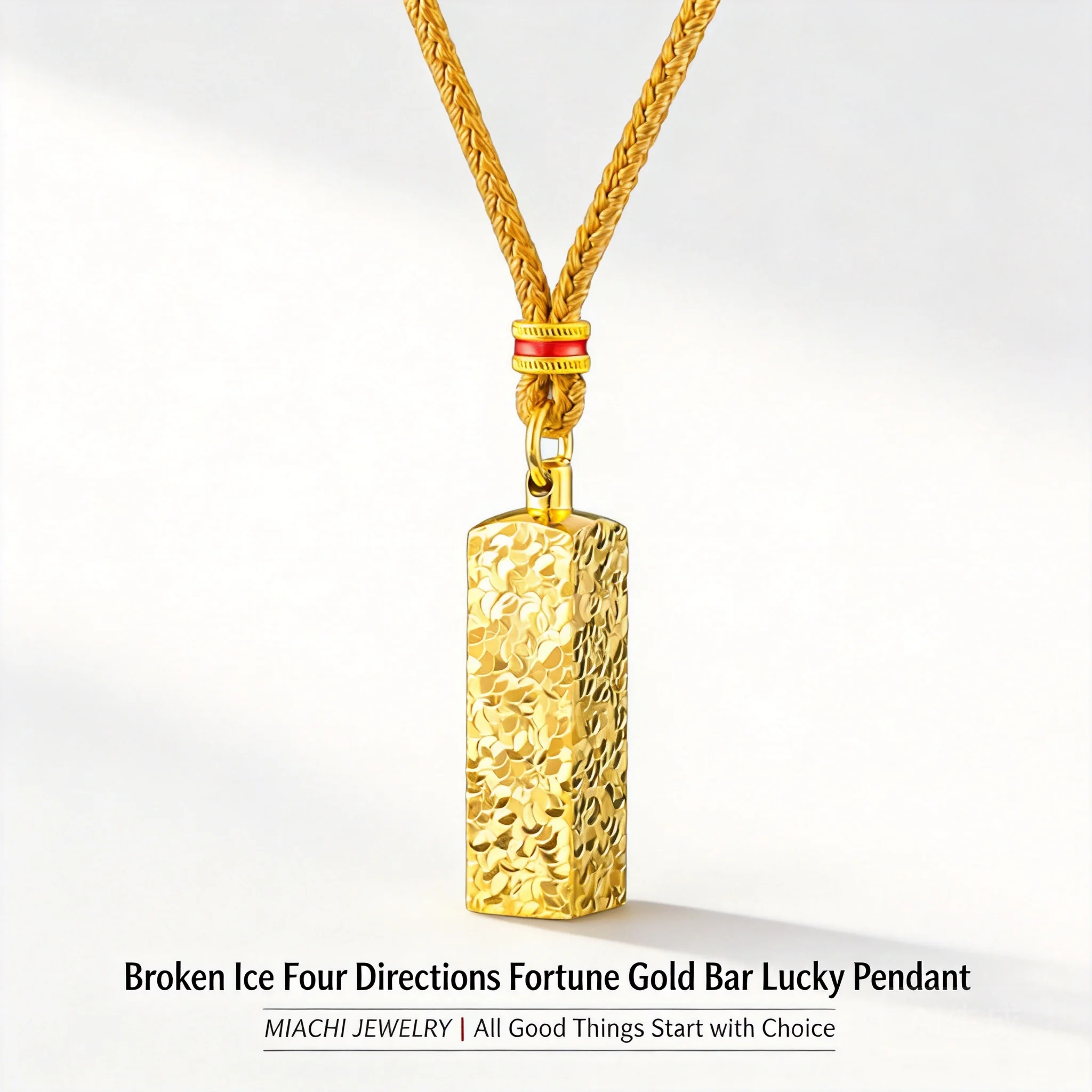 

24k Real Gold Plated Chinese Style Lucky Wealth Attracting Hammered Crushed Ice Gold Bar Pendant Adjustable Necklace Blessing