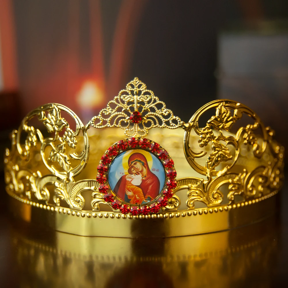 HTISOK 1 Set Ostorthodoxe Krone, größenverstellbare orthodoxe Hochzeitskrone im byzantinischen Stil, vergoldete orthodoxe Krone – Detail 17