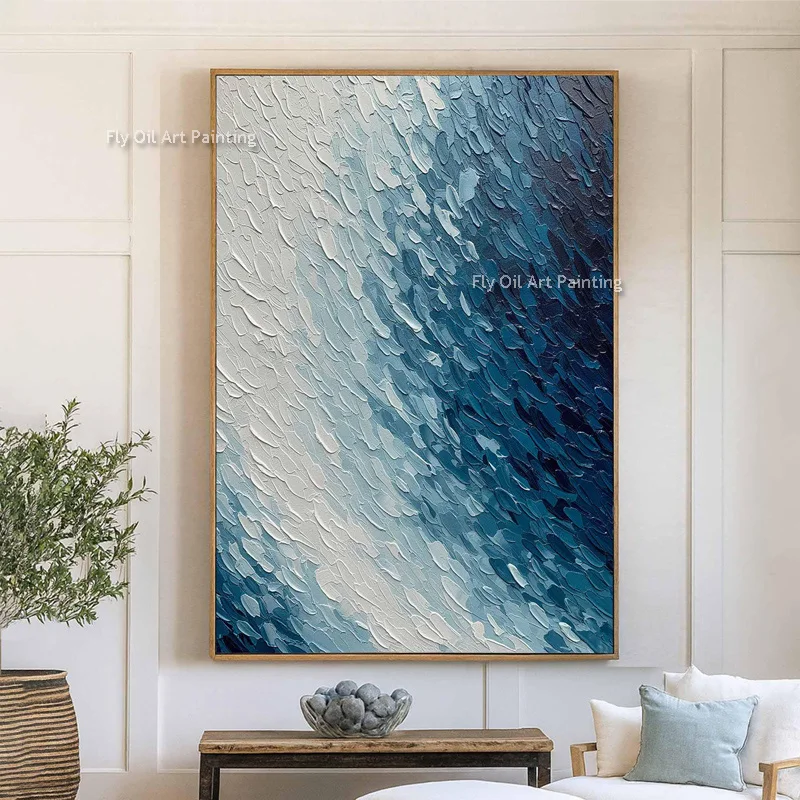 Vertical Hand-Painted 3D Textured Oil Art, Blue Gradient Abstract Ocean Contemporary Wall Decor