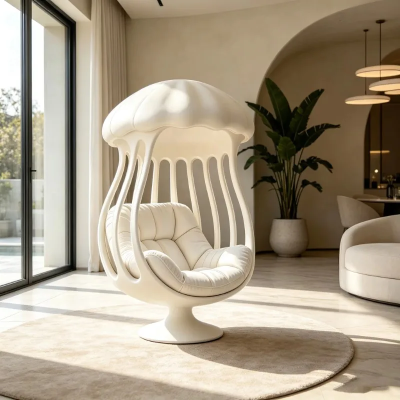 Jellyfish-shaped fiberglass decorative chair Modern designer fixed base Leisure single white art recliner