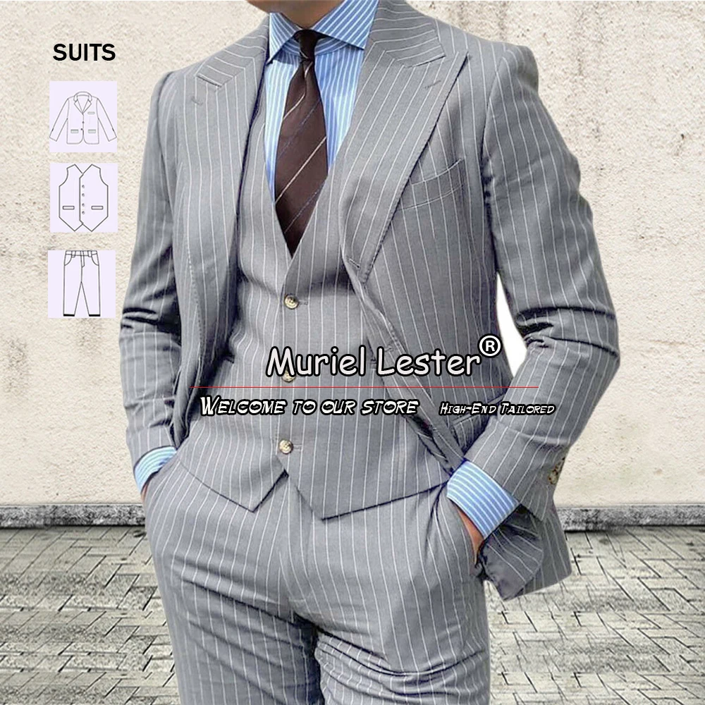 

Grey Striped Business Suits Men Slim Fit 2 Buttons Jacket Plus Size Groom Wear Wedding Tuxedo Formal Party Prom Dress Elegant