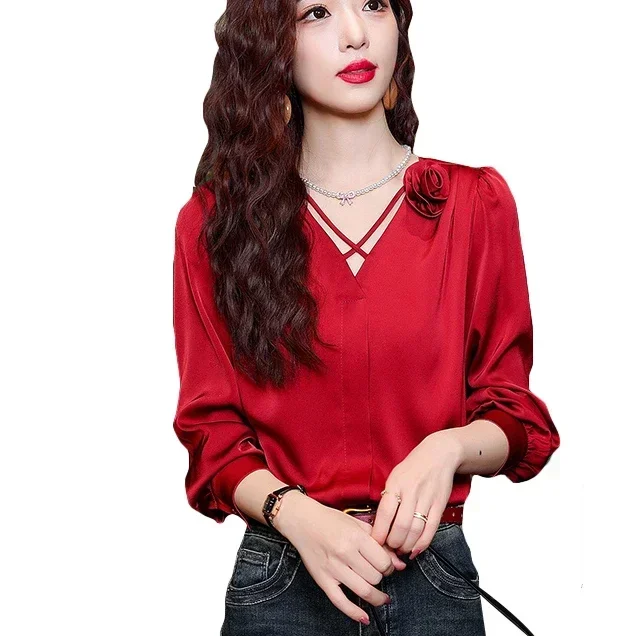 

3d flower red blouses women office lady red shirts tops elegant satin shirt