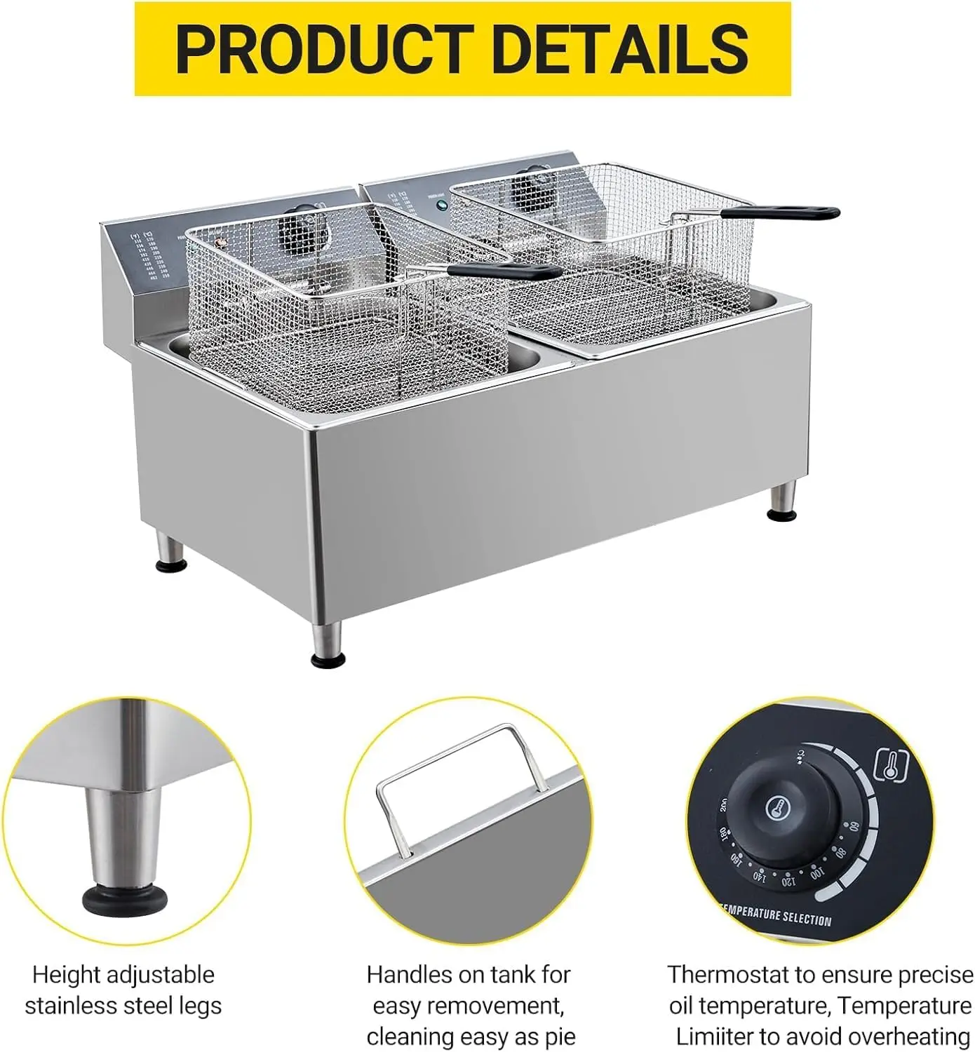 23.2QT/22L Commercial-Grade 3400W Deep Fryer- 304 Stainless Steel Electric Fryer with 2 Extra-Thicker Baskets, Splash Guard Lid