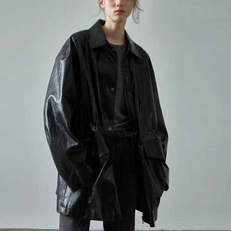 HKSH Frühling Herbst Neue Wome Jacke Faux Leder drehen-unten Kragen Einreiher Punk Streetwear Trendy Mid-Länge Mantel HK11368