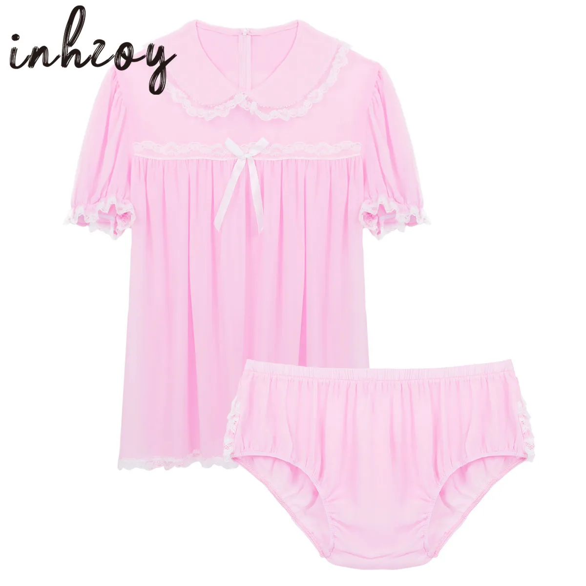 2Pcs Sissy Lingerie Mens Adults Doll Collar Short Puff Sleeve Frilly Dress with Ruffled Underwear Panties Crossdress Pajama Sets