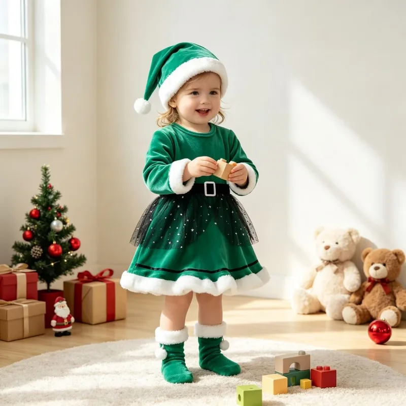Newborn Baby Girls Christmas Romper Dress Green Velvet Long Sleeve Tulle Skirt With White Fur Trim Belt And Hat 0 24M