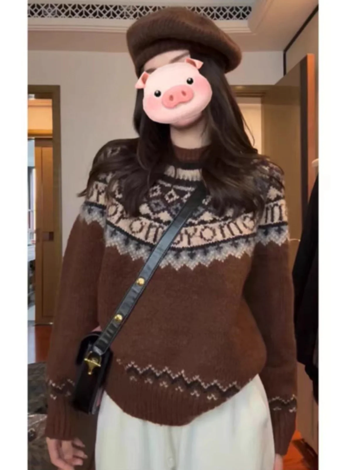 

Retro Knitted Sweater Women's Autumn Winter Thickened Loose Christmas New Year's Knitwear Trendy round Neck Pullover
