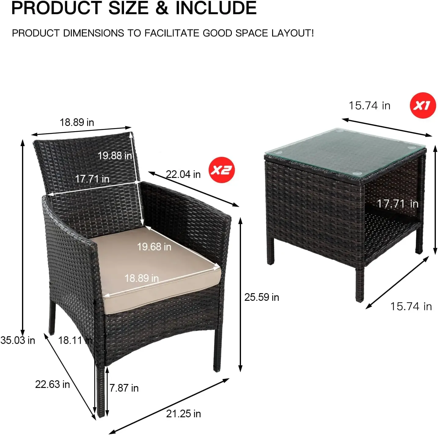 Pátio PE Rattan Wicker Chairs e Coffee Table Set, Mobília do pátio, Bistro Conversa Set com Almofada, Vidro, Varanda, Gramado, Jardim