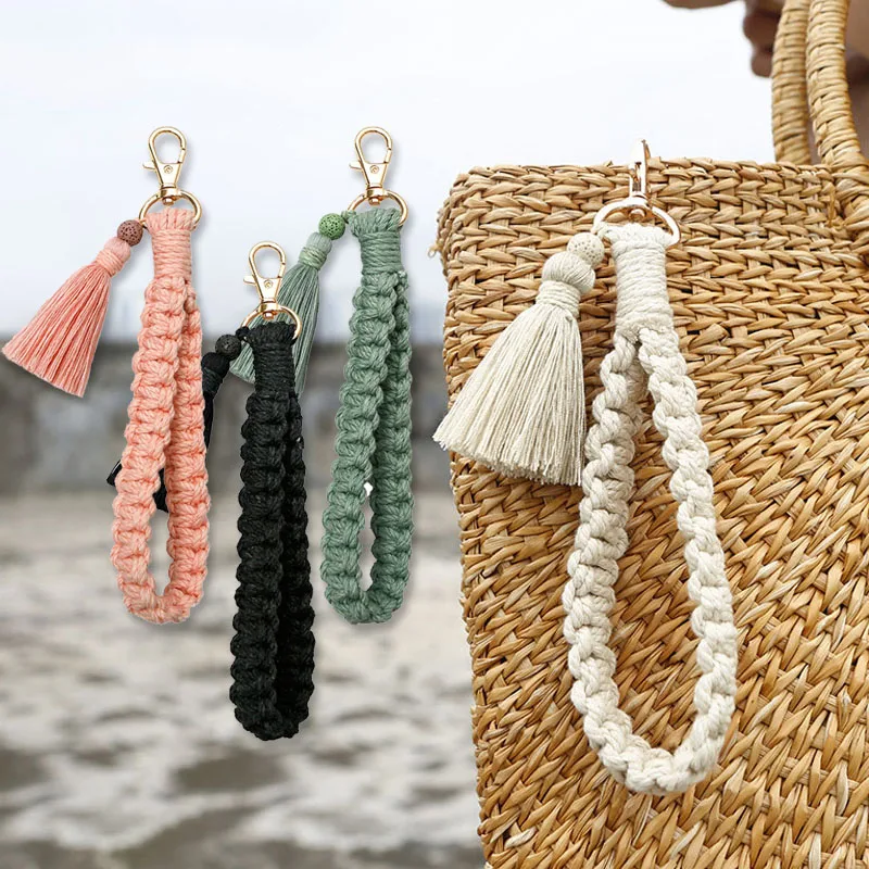 Fashion Cotton Rope Tassel Key Chain Bohemian Style Hand Woven Macrame Wrist Strap Key Ring Bag Car Pendant Charms Accessories