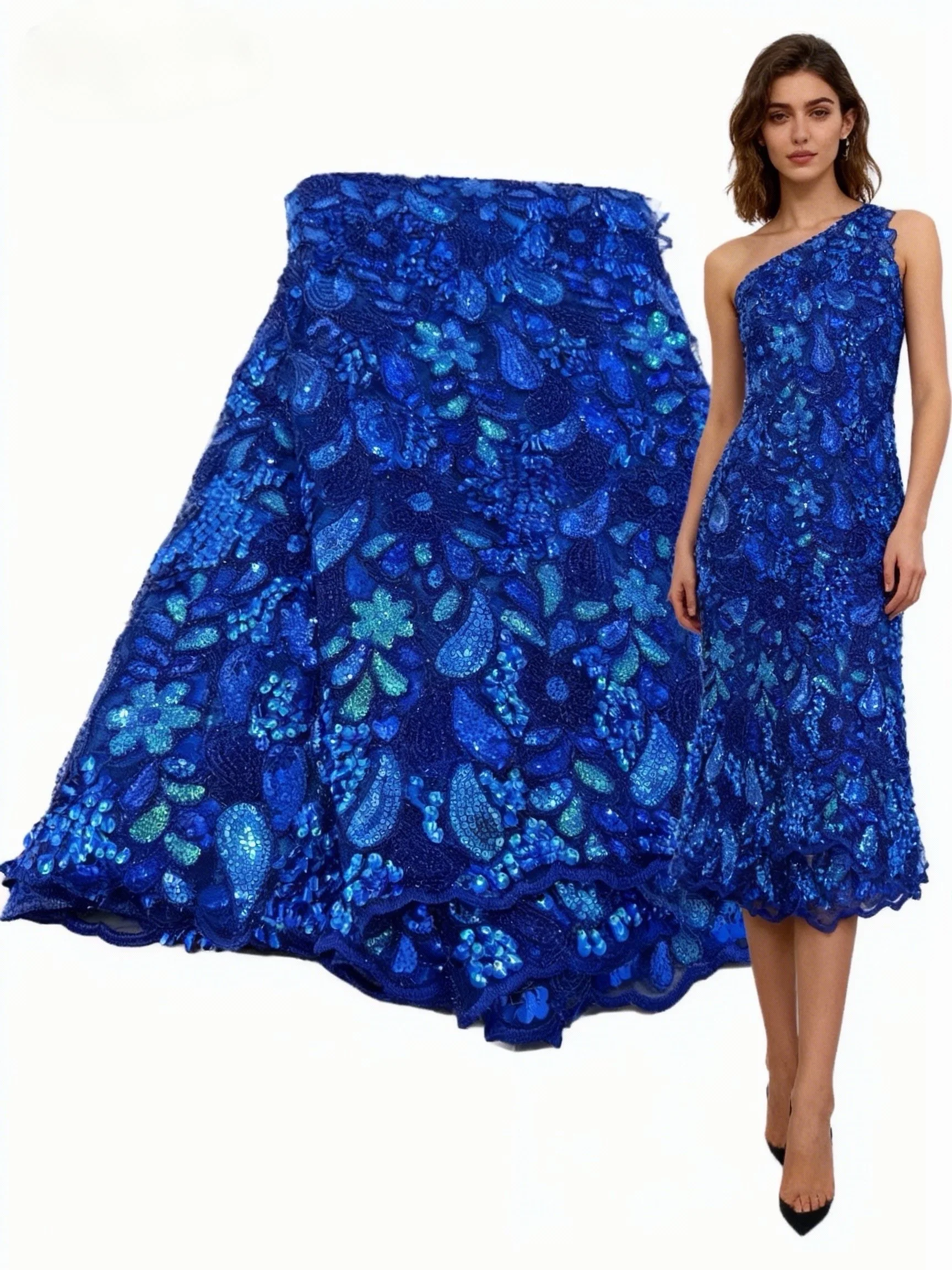 

Luxury Royal Blue African Sequins Lace Fabric 2026 High Quality French Embroider Tulle Lace Fabric For Sewing Wedding Dresses