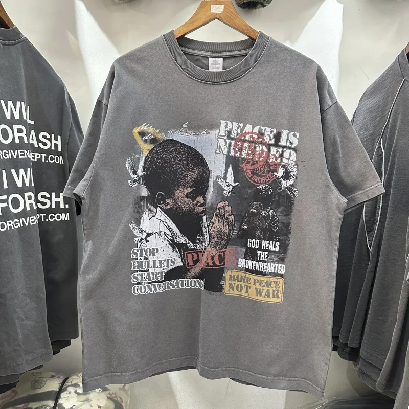 

Retro American High Street Oversize Casual round Ne ort Sve T-irt Cotton Youth ular Loose Fit Printed Poster