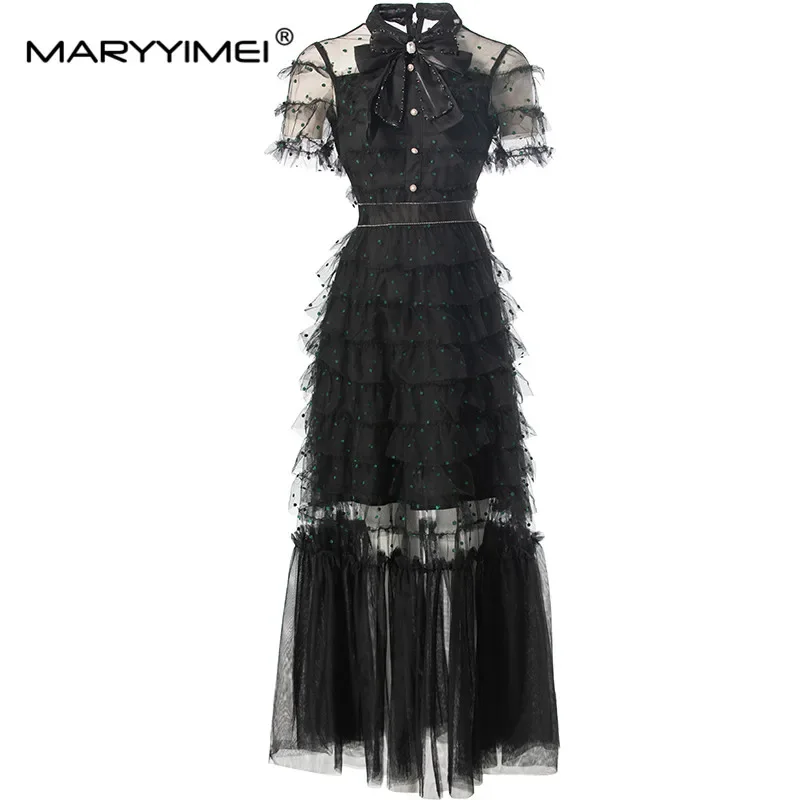 MARYYIMEI Arco Beading Botão Em Camadas Babados Vestido Feminino de Manga Curta Malha Vintage Temperamento Vestidos de Baile de Verão