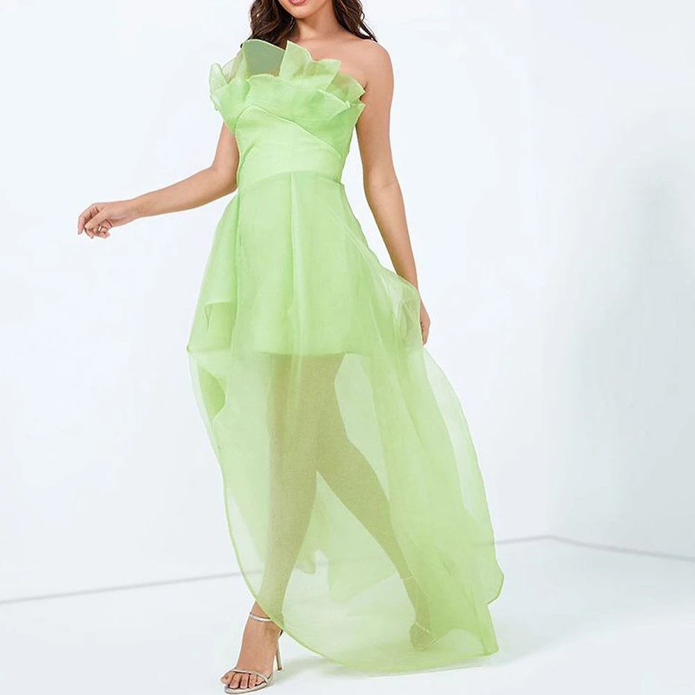 

Dubai Evening Caftan Dress Sleeveless See Through Ruffles Solid Color Backless Floor Length Scalloped Bespoke Occasion Gowns