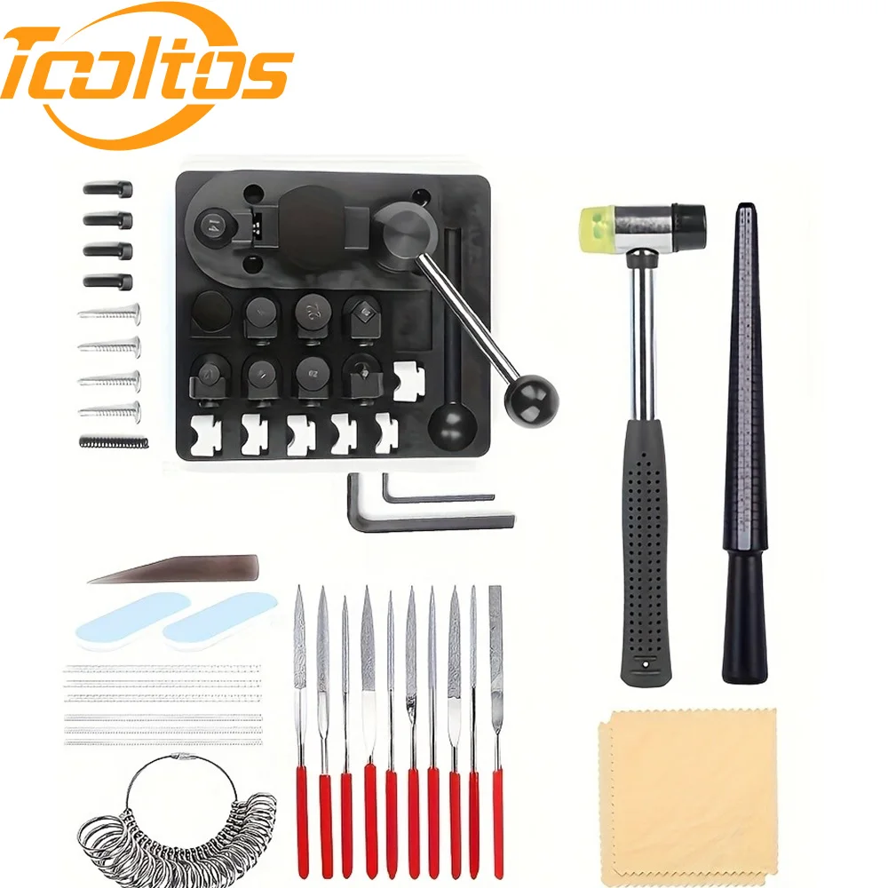 TOOLTOS Jewelry Ring Repair Tool Kit with Ring Bending Set Mandrel Gauge Hammer Files and Agate Burnisher