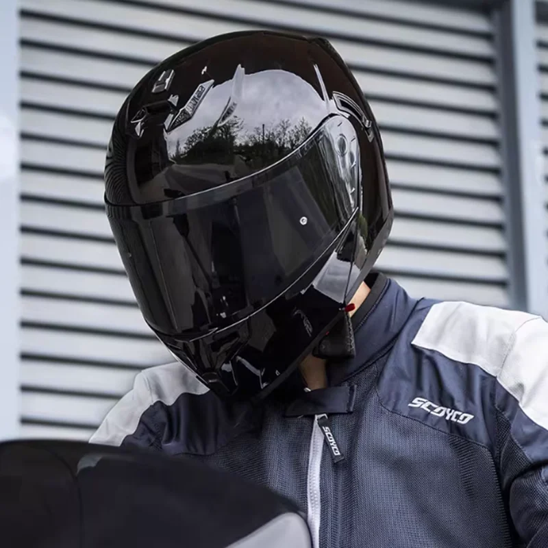 

KEAZ Retro Advanced Style Bright Black Flip Up Full Face Motorcycle Helmet Outer Shield Dual Protection Cruiser Bike Riding