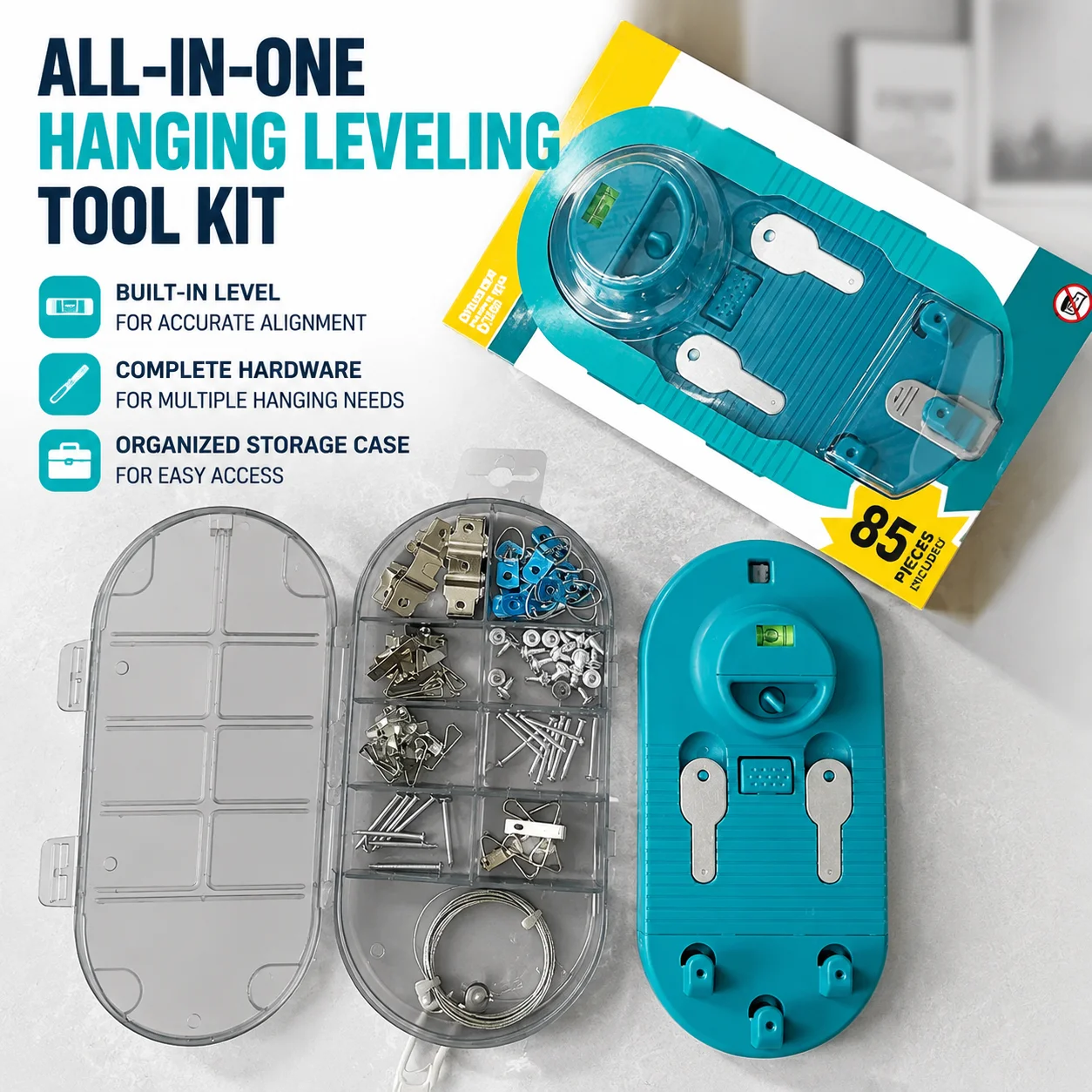 All-in-One Picture Hanging Kit Picture Leveling and Hanging Tool Sawtooth/Wire Hangers Hardware Case with 85-Piece Essentials