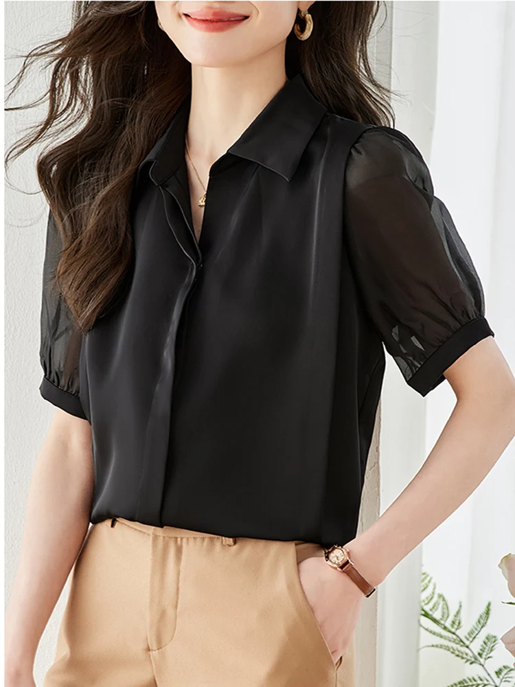 

Summer Sexy Women See Through Short Sleeve Black Blouse Top 2024 Fashion Turn Down Collar Office OL Casual Shirt Blusas Mujer