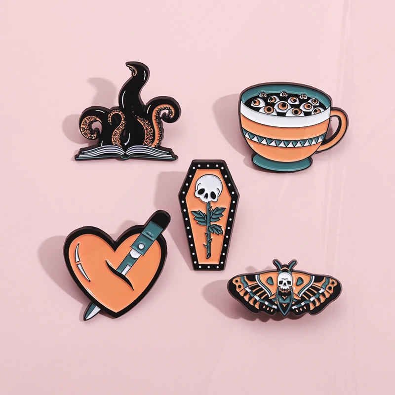 Octopus Book Coffin Tea Pines Lapel Badges Punk Gothic Jewelry Gift Friends Never Too Early for Halloween Enamel Brooch Custom