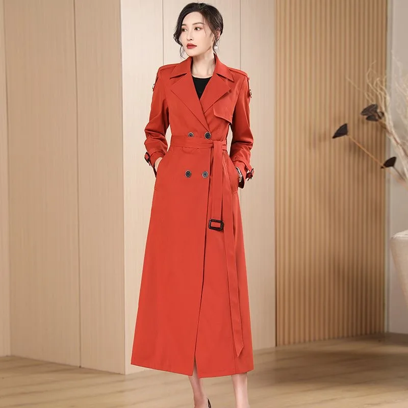 

2024 Spring Fall Women High Waisted Double Breasted Buttons Orange Elegant Trench Coat , Woman Slim 3xl Long Coats