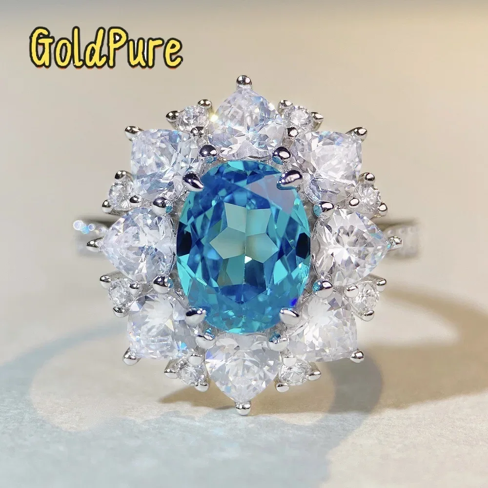 

Кольцо Goldpure Luxury из цельной платины PT950 с аквамарином, полностью инкрустированное бриллиантами и муассанитами, для женщин