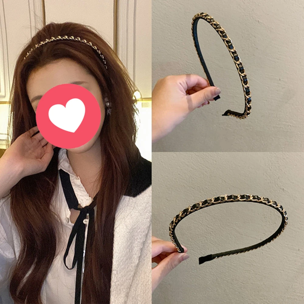 

2pc European and American Solid PU Chain Headband Hair Bands Hairband Hoop for Women Girls Holiday Korean Hair Accessories