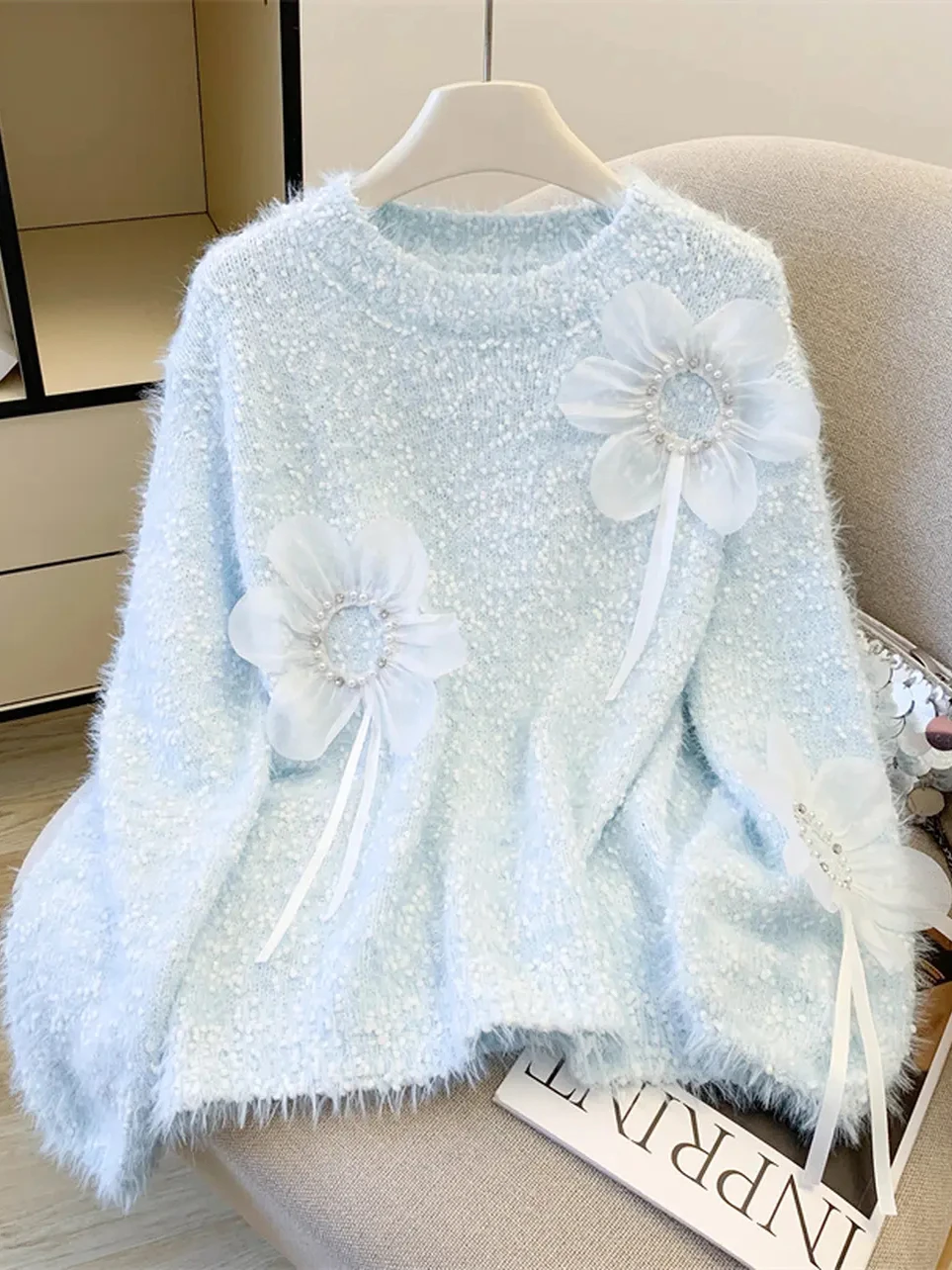 

Suower Knitted Sweater Women's Loose Fit Overhead Faionable Autumn Winter New Sle Design Sense Beaded 3D Sun Flower