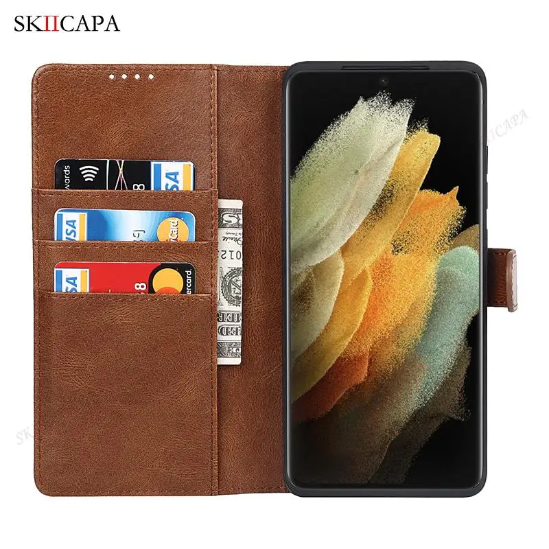 Stylus S-Pen Socket Slot Leather Flip Phone Case For Samsung Galaxy S21 Ultra G9980 G998D G998U Wallet Card Holder Phone Cover