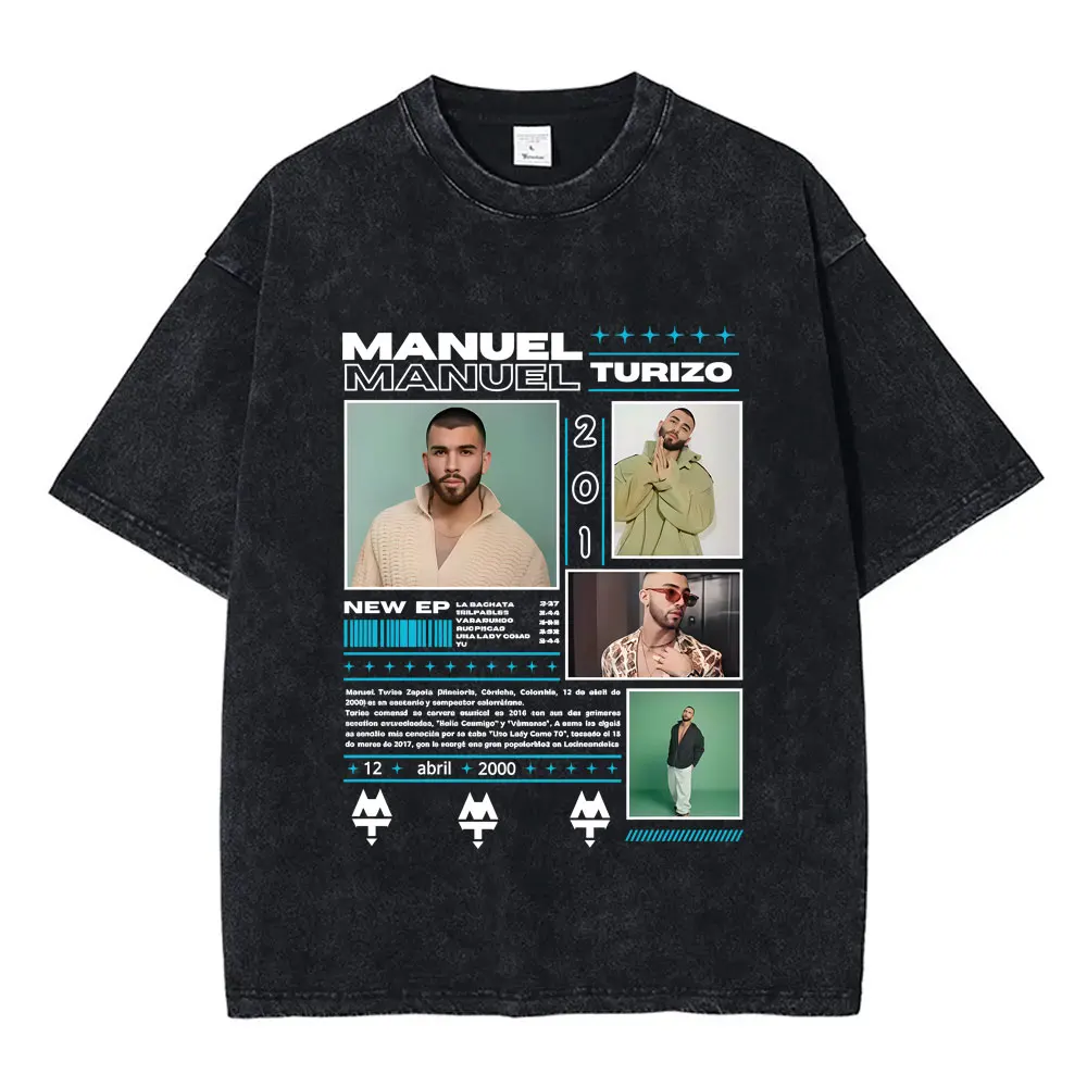

Rapper Manuel Turizo 201 Tour 2025 Washed T Shirts Men Women Hip Hop Fashion Pop Music Streetwear Unisex Casual Oversized Tees