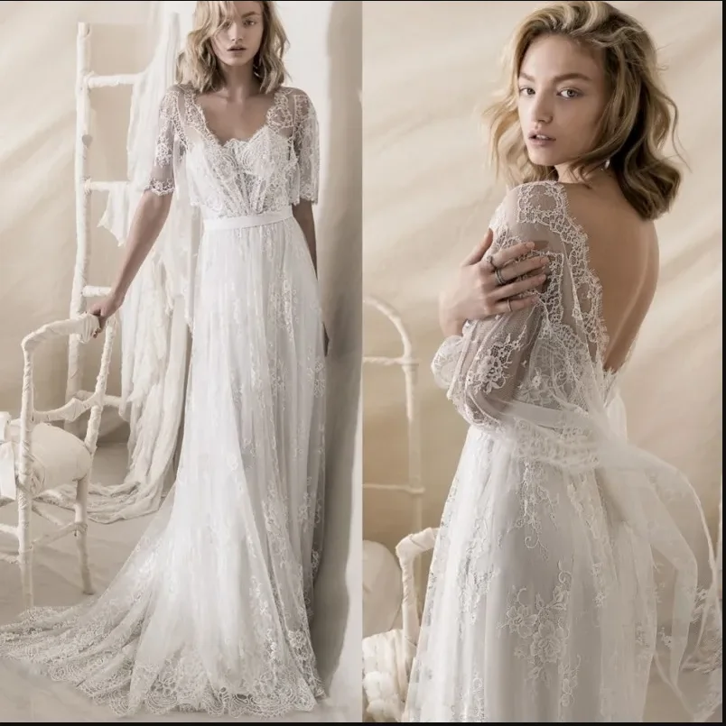 Romantic Bohemian Wedding Dresses with Wrap Soft A Line Strapless Bridal Gowns Lihi Hod Full Lace Wedding Dress Vestidos De Novi