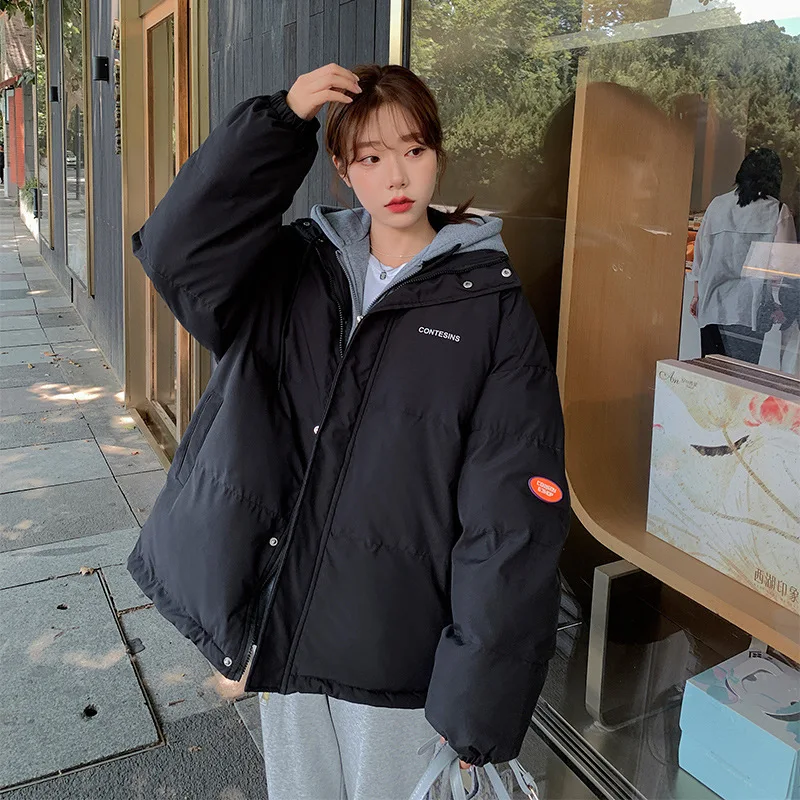Casaco solto para as mulheres, parkas grossas, jaquetas com capuz quentes, coreano, estilo preppy, roupas ao ar livre