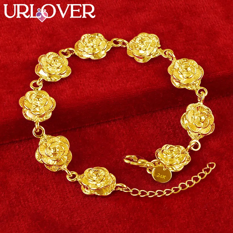 

URLOVER 24K Gold Bracelet For Woman Lotus Flower Link Bracelets Party Wedding Engagement Christmas Fashion Jewelry Birthday Gift