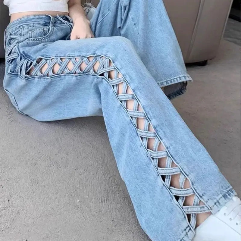 Fashion Side Woven Hollow Out Straight Leg Jeans For Spring Summer Casual High Waisted Denim Pants Female Trousers