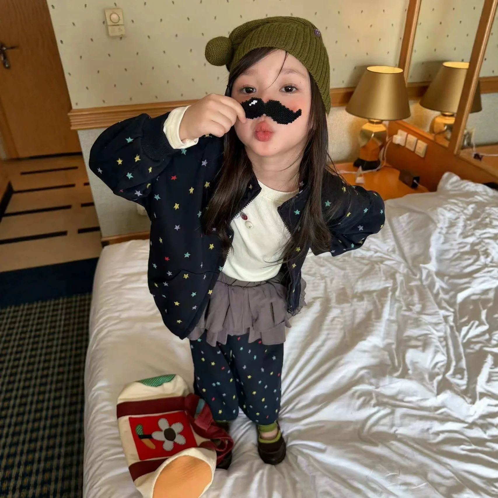 Korean Girls Spring Fall Navy All Over Print Colorful Star Zipper Top + Diaper Cover Sweatpants Two Piece Set