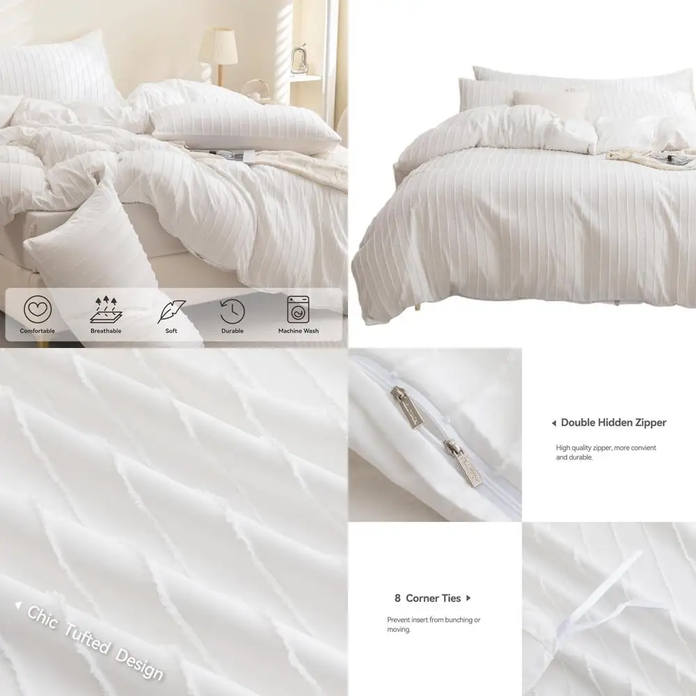 

Комплект пододеяльников в полоску Super King Boho — одеяло из 3 предметов из белого полиэстера с тафтингом, угловыми завязками и молнией, 116x98 дюймов, в комплекте